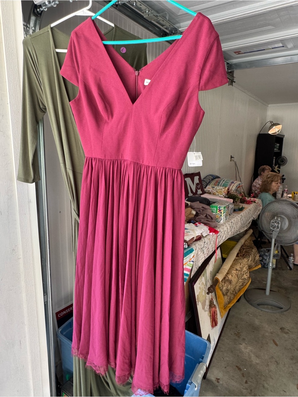 Dress the Population Magenta V-Neck Midi Fit & Flare Dress